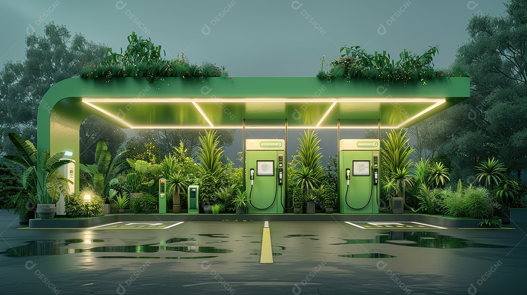 Um moderno posto de abastecimento de hidrogênio cercado por uma vegetação exuberante