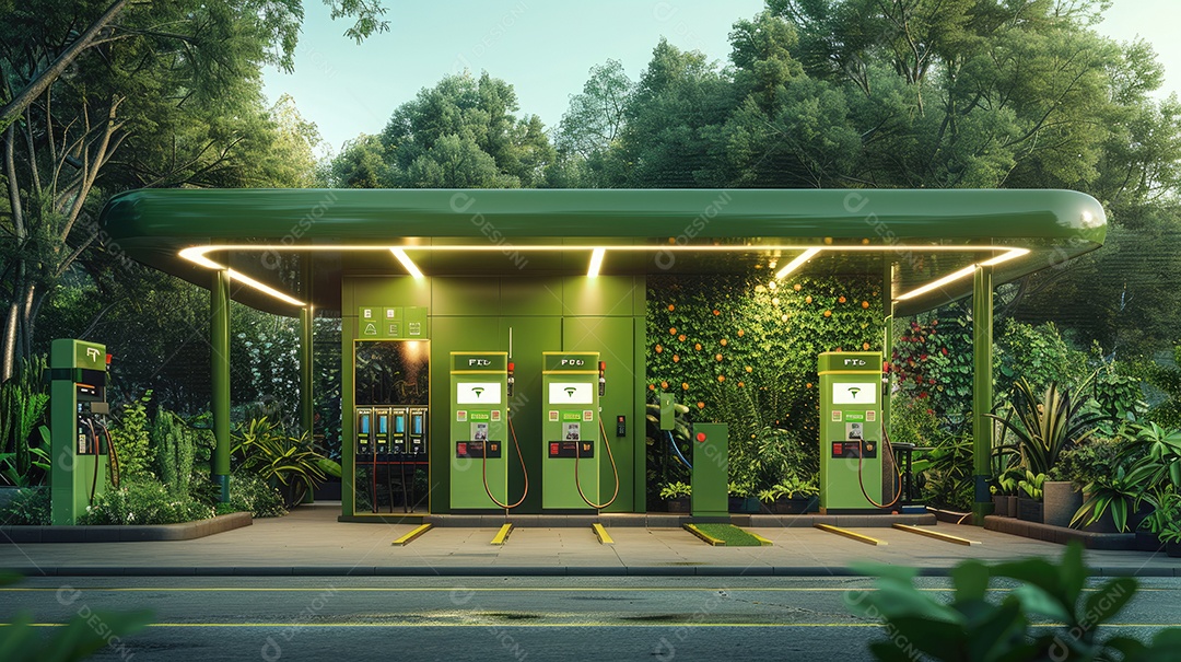 Um moderno posto de abastecimento de hidrogênio cercado por uma vegetação exuberante