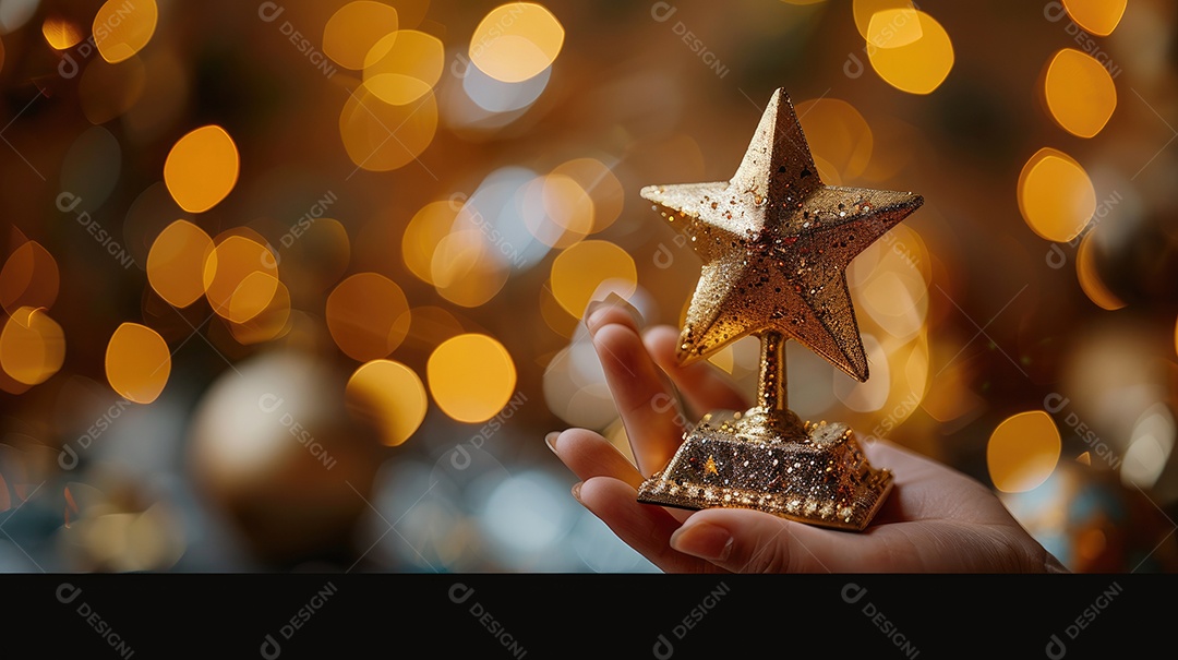 Um close de uma mão segurando cinco prêmios de estrelas douradas cada um brilhando sob uma iluminação suave e focada