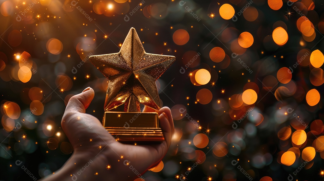 Um close de uma mão segurando cinco prêmios de estrelas douradas cada um brilhando sob uma iluminação suave e focada