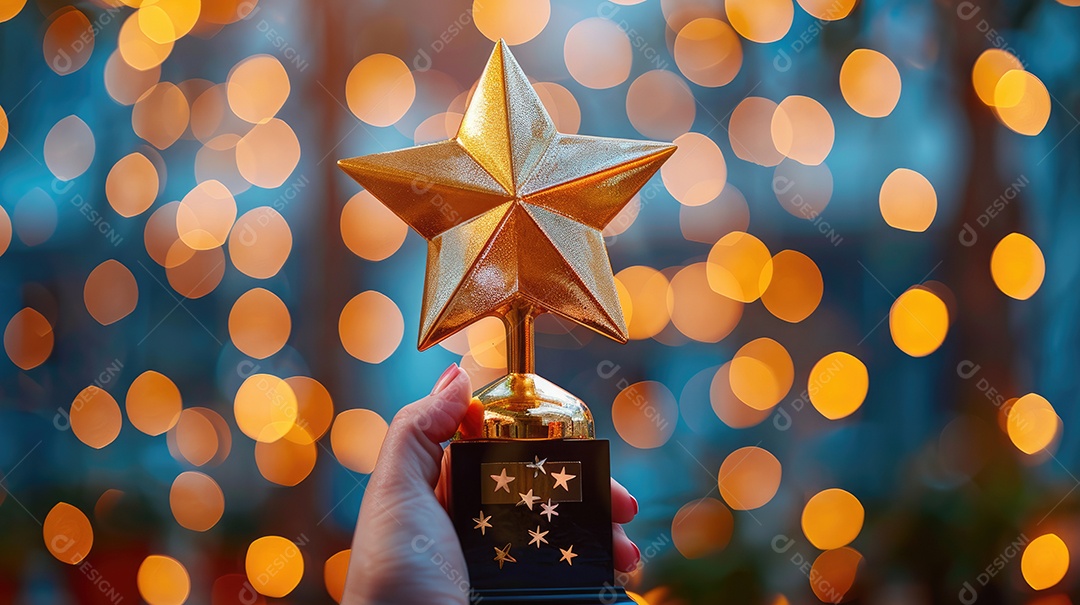 Um close de uma mão segurando cinco prêmios de estrelas douradas cada um brilhando sob uma iluminação suave e focada