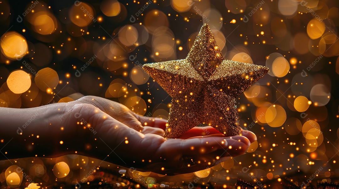 Um close de uma mão segurando cinco prêmios de estrelas douradas cada um brilhando sob uma iluminação suave e focada
