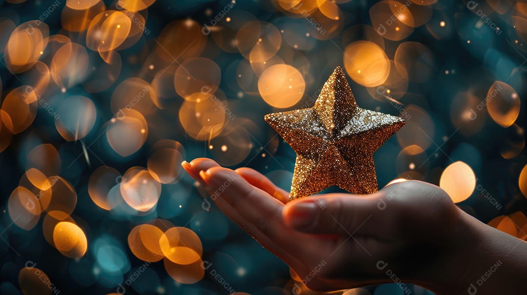 Um close de uma mão segurando cinco prêmios de estrelas douradas cada um brilhando sob uma iluminação suave e focada