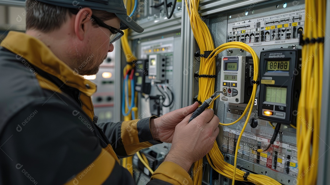 Engenheiro eletricista usando equipamento de medição de multímetro digital para verificar a tensão da corrente elétrica no disjuntor e no sistema de fiação do cabo no quadro de distribuição de energia principal