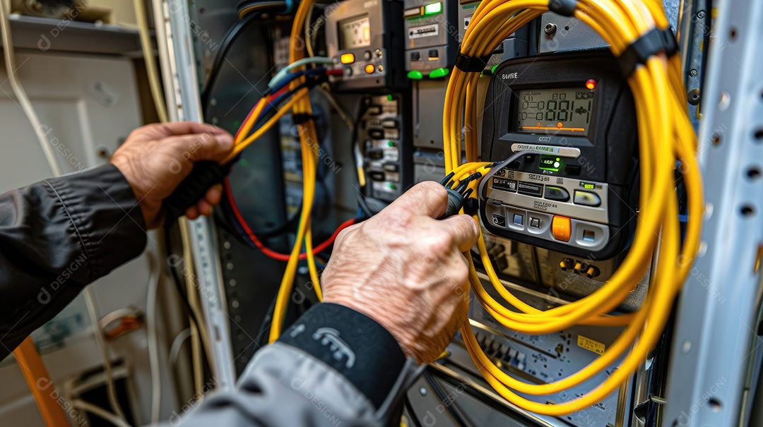 Engenheiro eletricista usando equipamento de medição de multímetro digital para verificar a tensão da corrente elétrica no disjuntor e no sistema de fiação do cabo no quadro de distribuição de energia principal