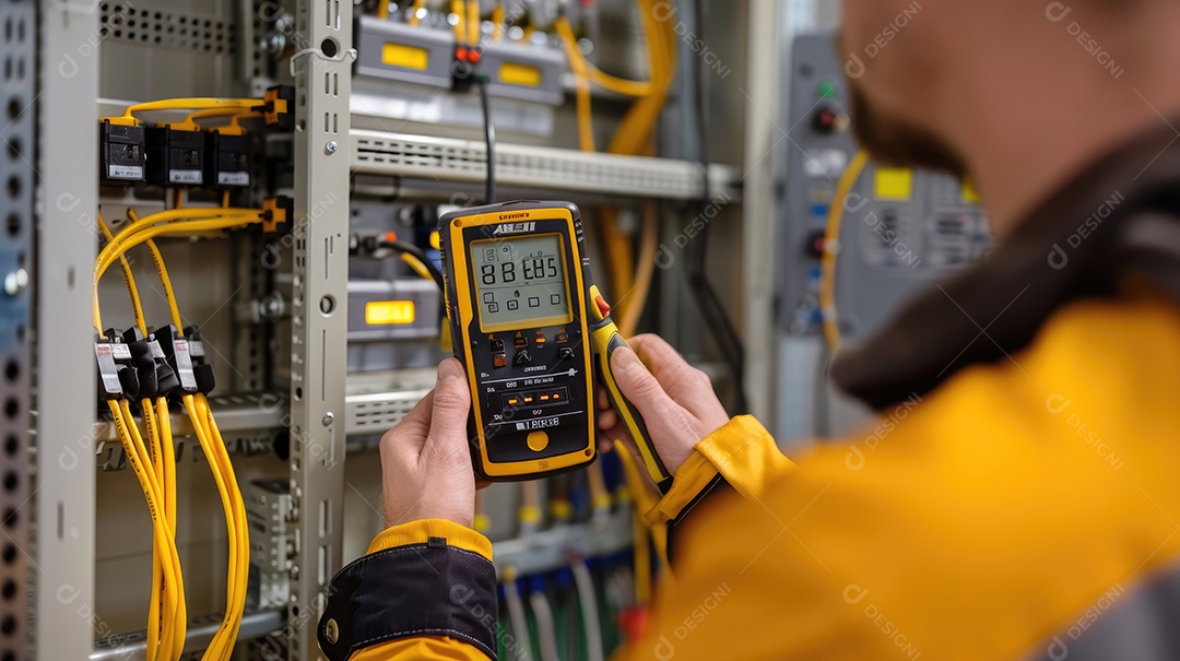 Engenheiro eletricista usando equipamento de medição de multímetro digital para verificar a tensão da corrente elétrica no disjuntor e no sistema de fiação do cabo no quadro de distribuição de energia principal