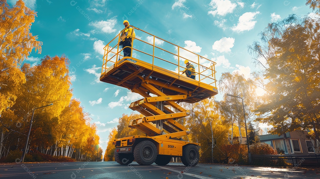 Uma plataforma elevatória articulada autopropelida amarela e uma plataforma elevatória tipo tesoura posicionadas em uma rua ladeada por árvores e o céu ao fundo