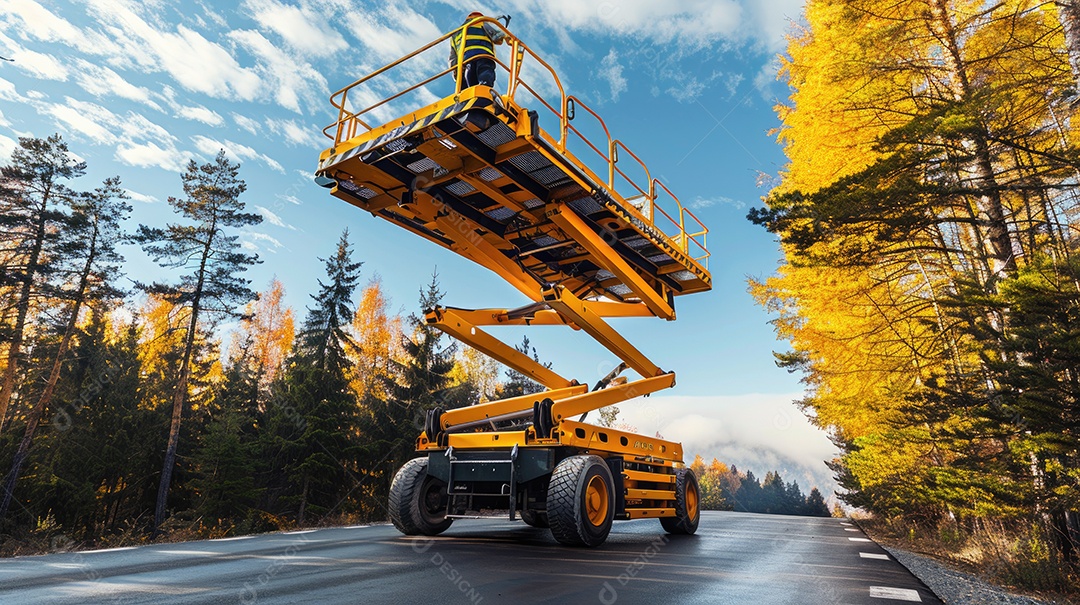 Uma plataforma elevatória articulada autopropelida amarela e uma plataforma elevatória tipo tesoura posicionadas em uma rua ladeada por árvores e o céu ao fundo