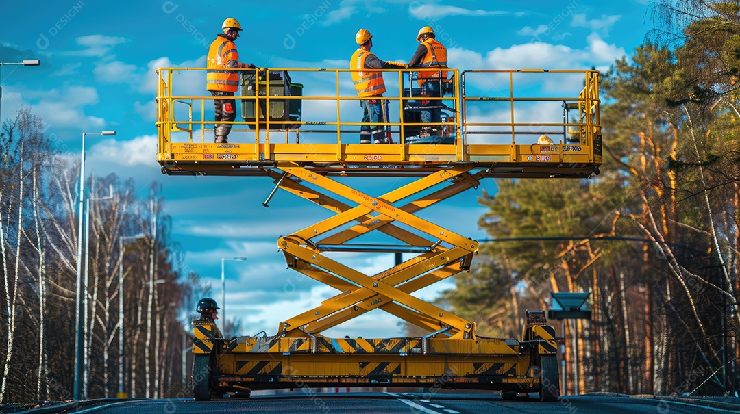 Uma plataforma elevatória articulada autopropelida amarela e uma plataforma elevatória tipo tesoura posicionadas em uma rua ladeada por árvores e o céu ao fundo