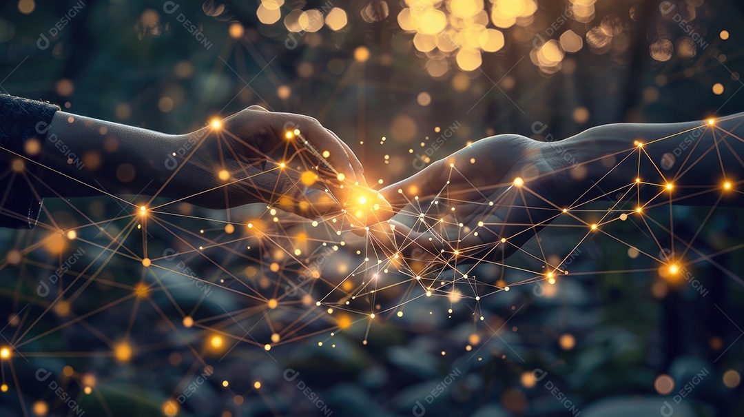 Fundo abstrato de tecnologia com mãos de um empresário se tocando