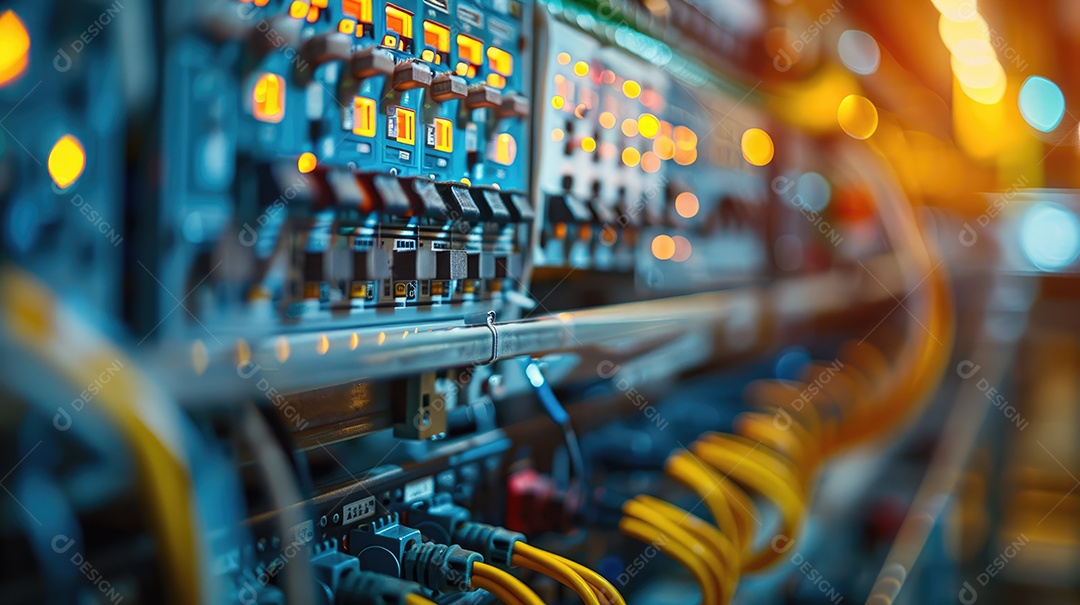 Fios dispostos ordenadamente em uma parede em uma sala de servidores exibindo a infraestrutura de segurança da rede