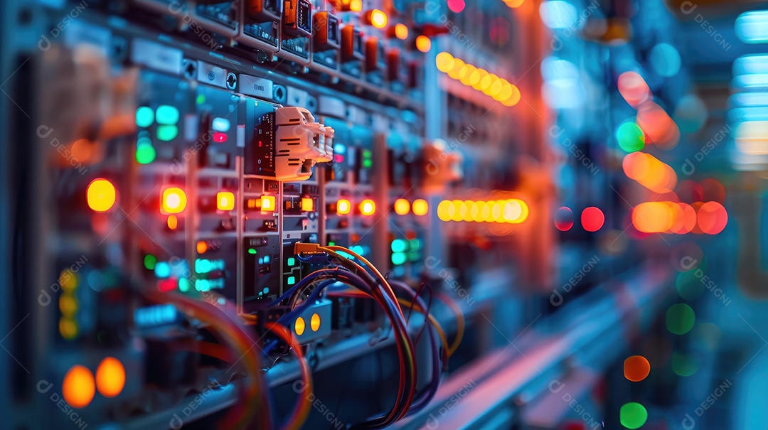 Fios dispostos ordenadamente em uma parede em uma sala de servidores exibindo a infraestrutura de segurança da rede