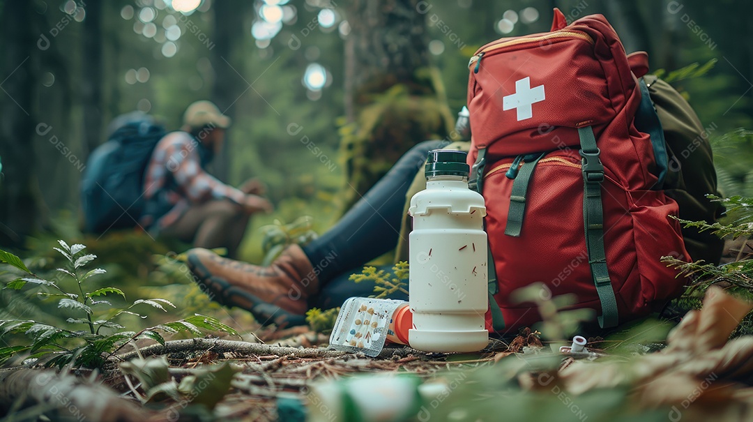 Foto de alta qualidade de uma mochila com uma bússola e um kit de primeiros socorros ilustrando um navegador na taiga e medicamentos de emergência em uma bolsa vermelha com uma cruz branca