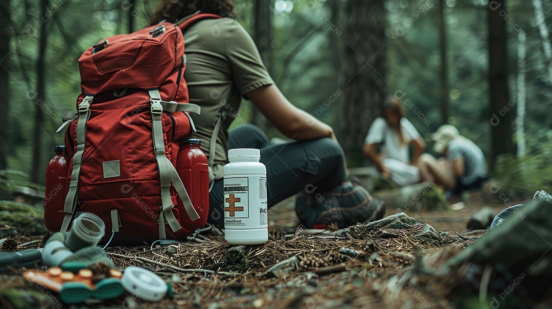 Foto de alta qualidade de uma mochila com uma bússola e um kit de primeiros socorros ilustrando um navegador na taiga e medicamentos de emergência em uma bolsa vermelha com uma cruz branca
