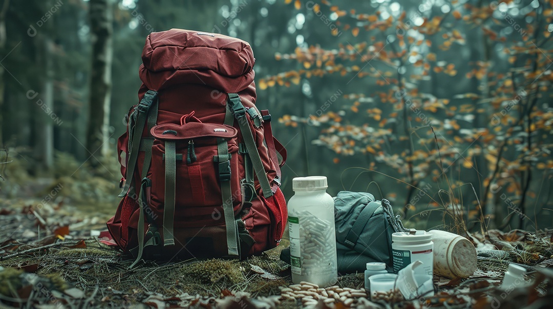 Foto de alta qualidade de uma mochila com uma bússola e um kit de primeiros socorros ilustrando um navegador na taiga e medicamentos de emergência em uma bolsa vermelha com uma cruz branca