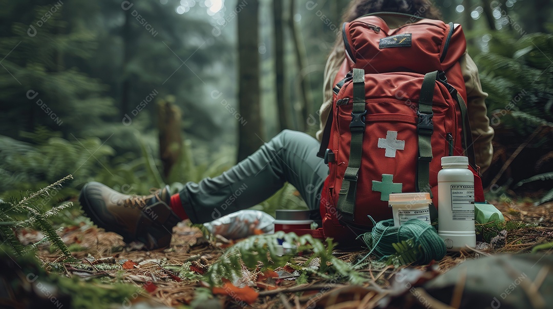 Foto de alta qualidade de uma mochila com uma bússola e um kit de primeiros socorros ilustrando um navegador na taiga e medicamentos de emergência em uma bolsa vermelha com uma cruz branca