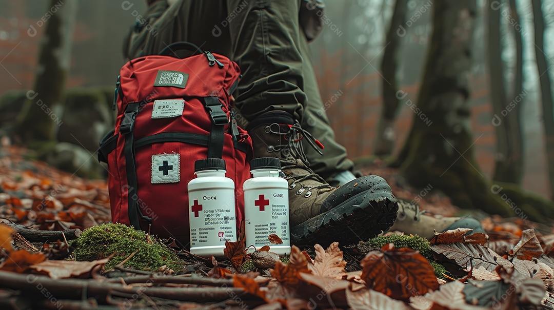 Foto de alta qualidade de uma mochila com uma bússola e um kit de primeiros socorros ilustrando um navegador na taiga e medicamentos de emergência em uma bolsa vermelha com uma cruz branca