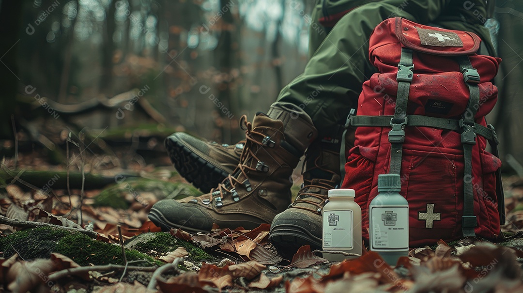 Foto de alta qualidade de uma mochila com uma bússola e um kit de primeiros socorros ilustrando um navegador na taiga e medicamentos de emergência em uma bolsa vermelha com uma cruz branca