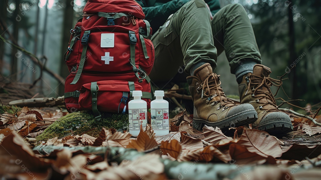Foto de alta qualidade de uma mochila com uma bússola e um kit de primeiros socorros ilustrando um navegador na taiga e medicamentos de emergência em uma bolsa vermelha com uma cruz branca