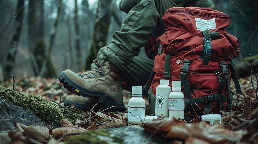 Foto de alta qualidade de uma mochila com uma bússola e um kit de primeiros socorros ilustrando um navegador na taiga e medicamentos de emergência em uma bolsa vermelha com uma cruz branca