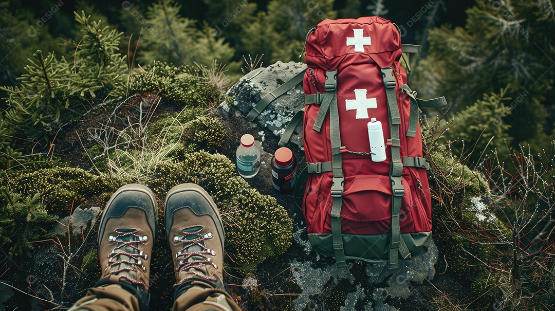 Foto de alta qualidade de uma mochila com uma bússola e um kit de primeiros socorros ilustrando um navegador na taiga e medicamentos de emergência em uma bolsa vermelha com uma cruz branca