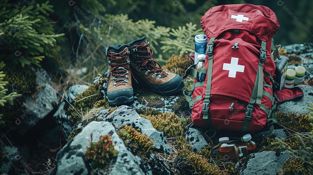 Foto de alta qualidade de uma mochila com uma bússola e um kit de primeiros socorros ilustrando um navegador na taiga e medicamentos de emergência em uma bolsa vermelha com uma cruz branca
