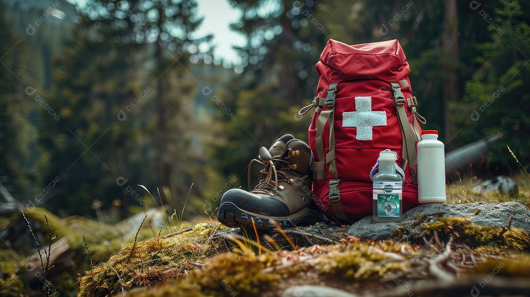 Foto de alta qualidade de uma mochila com uma bússola e um kit de primeiros socorros ilustrando um navegador na taiga e medicamentos de emergência em uma bolsa vermelha com uma cruz branca
