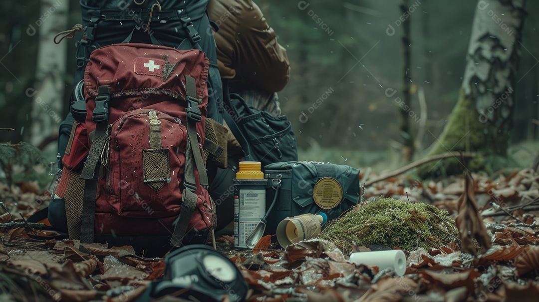 Foto de alta qualidade de uma mochila com uma bússola e um kit de primeiros socorros ilustrando um navegador na taiga e medicamentos de emergência em uma bolsa vermelha com uma cruz branca