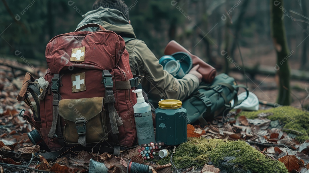 Foto de alta qualidade de uma mochila com uma bússola e um kit de primeiros socorros ilustrando um navegador na taiga e medicamentos de emergência em uma bolsa vermelha com uma cruz branca
