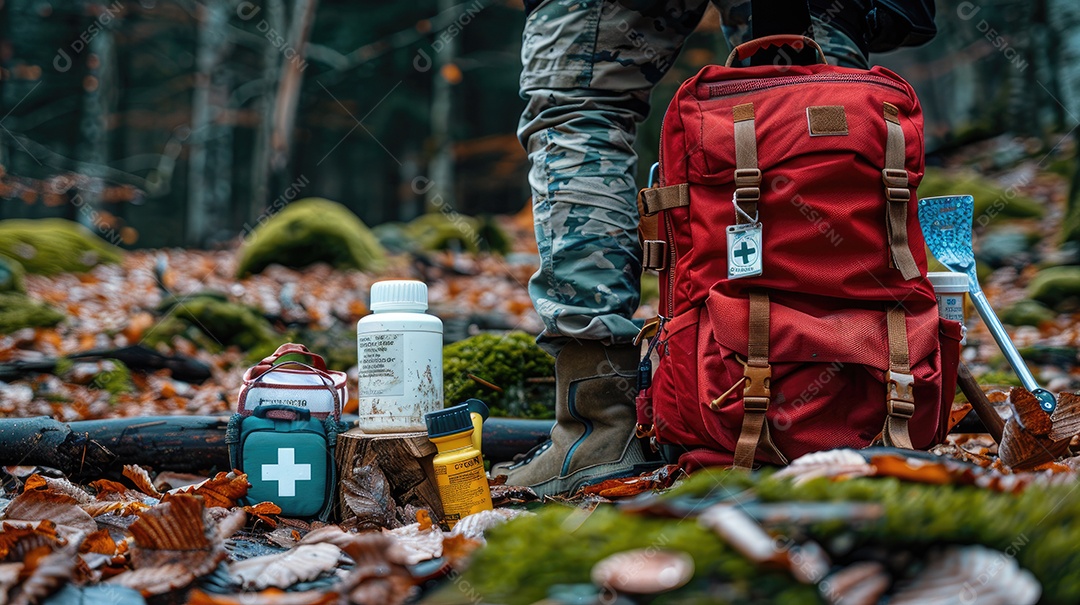 Foto de alta qualidade de uma mochila com uma bússola e um kit de primeiros socorros ilustrando um navegador na taiga e medicamentos de emergência em uma bolsa vermelha com uma cruz branca