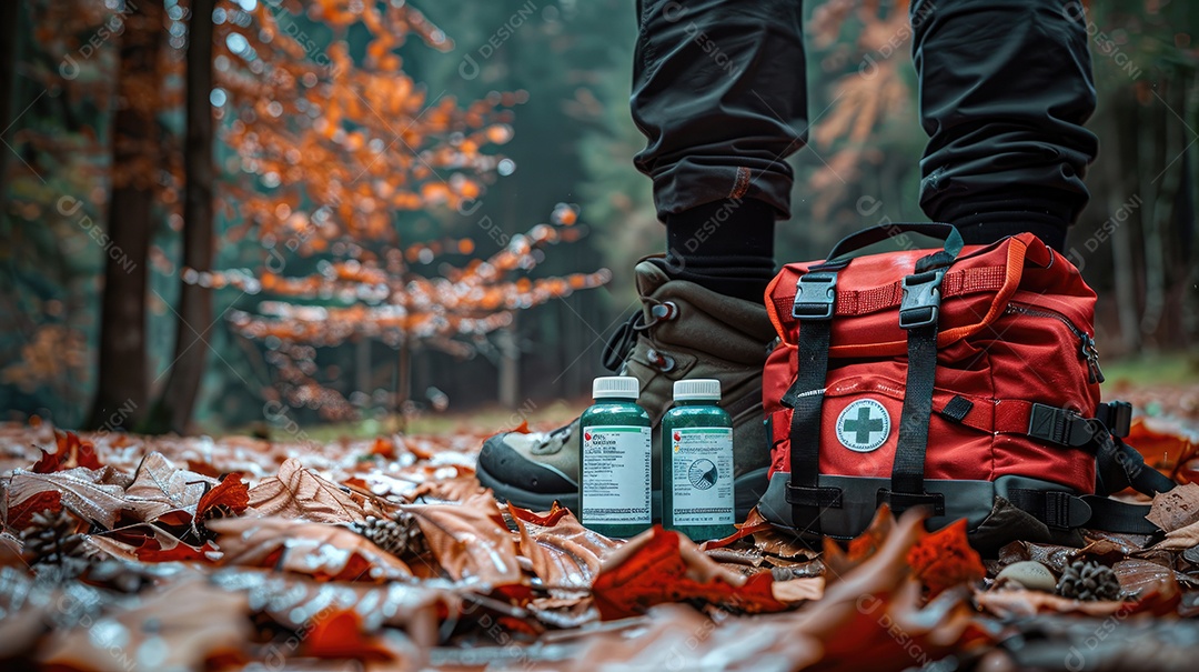 Foto de alta qualidade de uma mochila com uma bússola e um kit de primeiros socorros ilustrando um navegador na taiga e medicamentos de emergência em uma bolsa vermelha com uma cruz branca