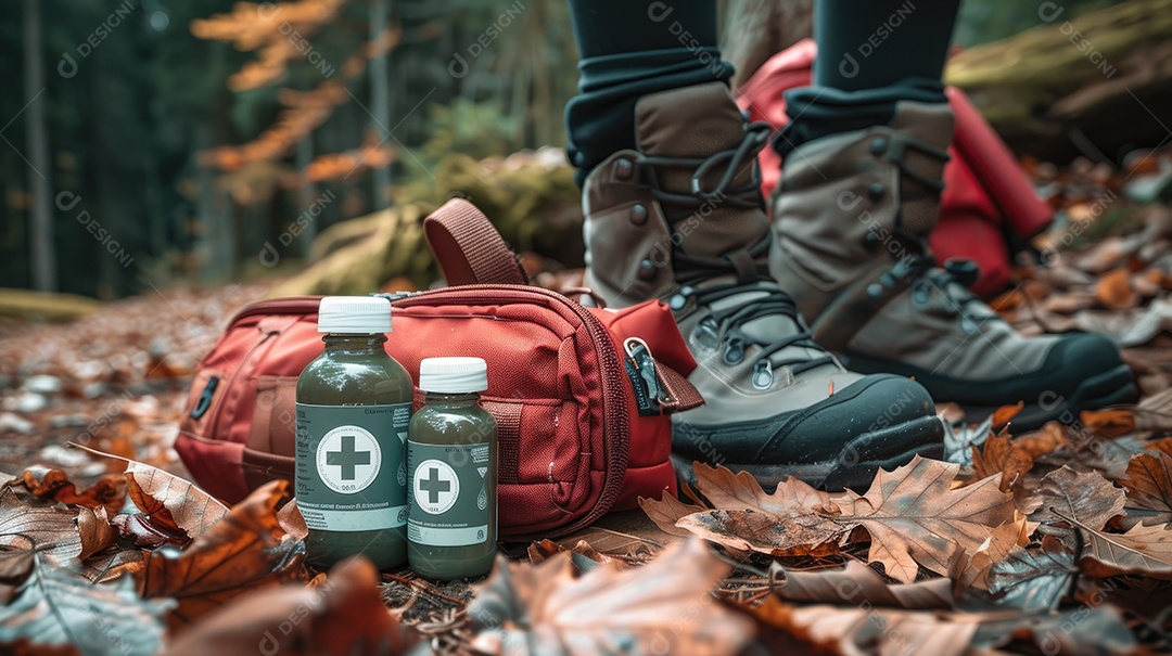 Foto de alta qualidade de uma mochila com uma bússola e um kit de primeiros socorros ilustrando um navegador na taiga e medicamentos de emergência em uma bolsa vermelha com uma cruz branca