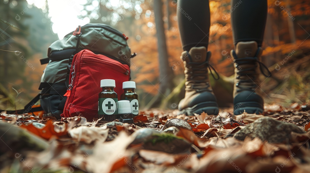 Foto de alta qualidade de uma mochila com uma bússola e um kit de primeiros socorros ilustrando um navegador na taiga e medicamentos de emergência em uma bolsa vermelha com uma cruz branca