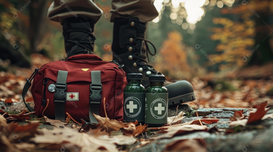 Foto de alta qualidade de uma mochila com uma bússola e um kit de primeiros socorros ilustrando um navegador na taiga e medicamentos de emergência em uma bolsa vermelha com uma cruz branca