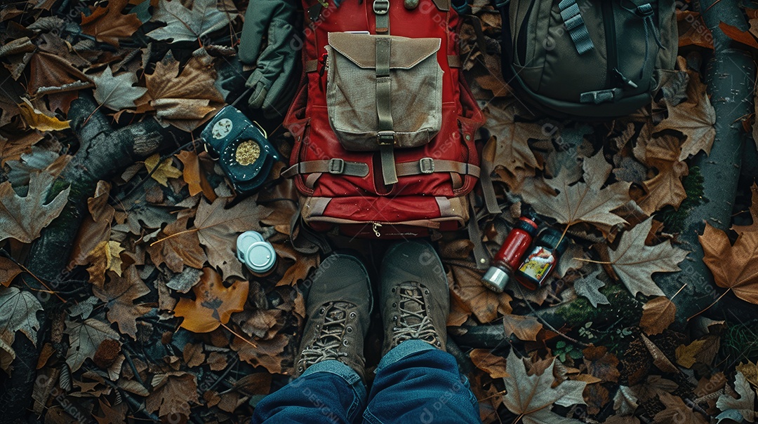 Foto de alta qualidade de uma mochila com uma bússola e um kit de primeiros socorros ilustrando um navegador na taiga e medicamentos de emergência em uma bolsa vermelha com uma cruz branca