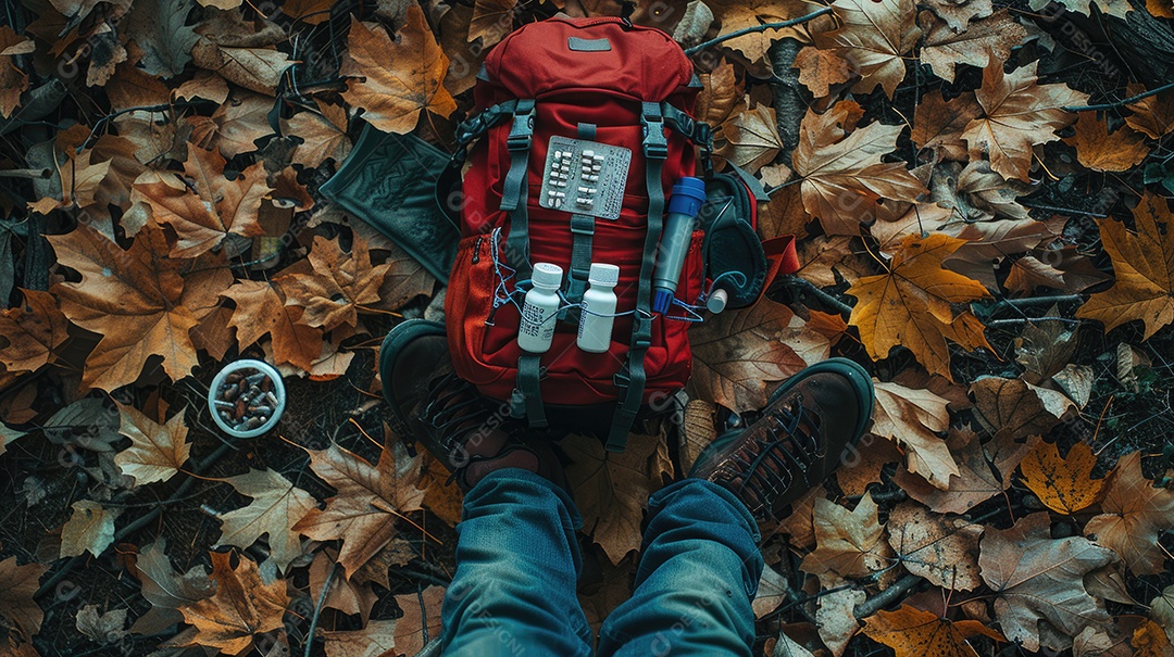 Foto de alta qualidade de uma mochila com uma bússola e um kit de primeiros socorros ilustrando um navegador na taiga e medicamentos de emergência em uma bolsa vermelha com uma cruz branca