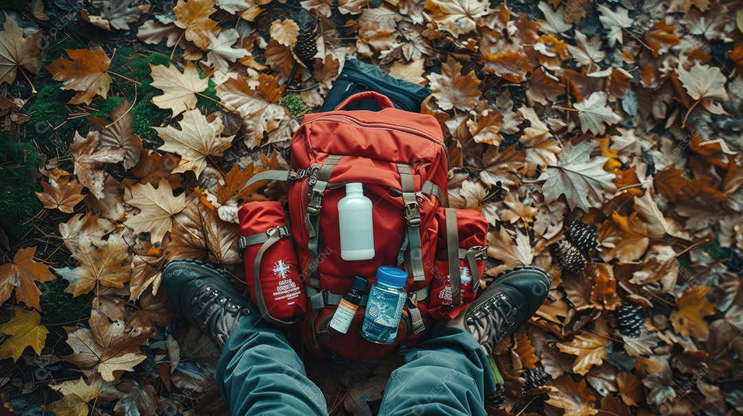 Foto de alta qualidade de uma mochila com uma bússola e um kit de primeiros socorros ilustrando um navegador na taiga e medicamentos de emergência em uma bolsa vermelha com uma cruz branca