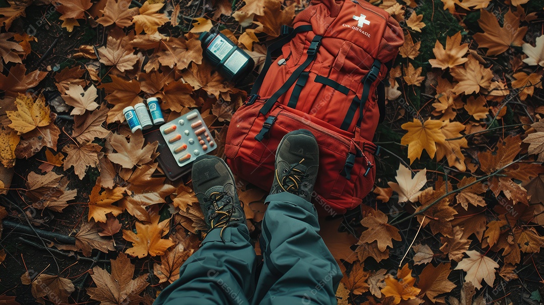 Foto de alta qualidade de uma mochila com uma bússola e um kit de primeiros socorros ilustrando um navegador na taiga e medicamentos de emergência em uma bolsa vermelha com uma cruz branca