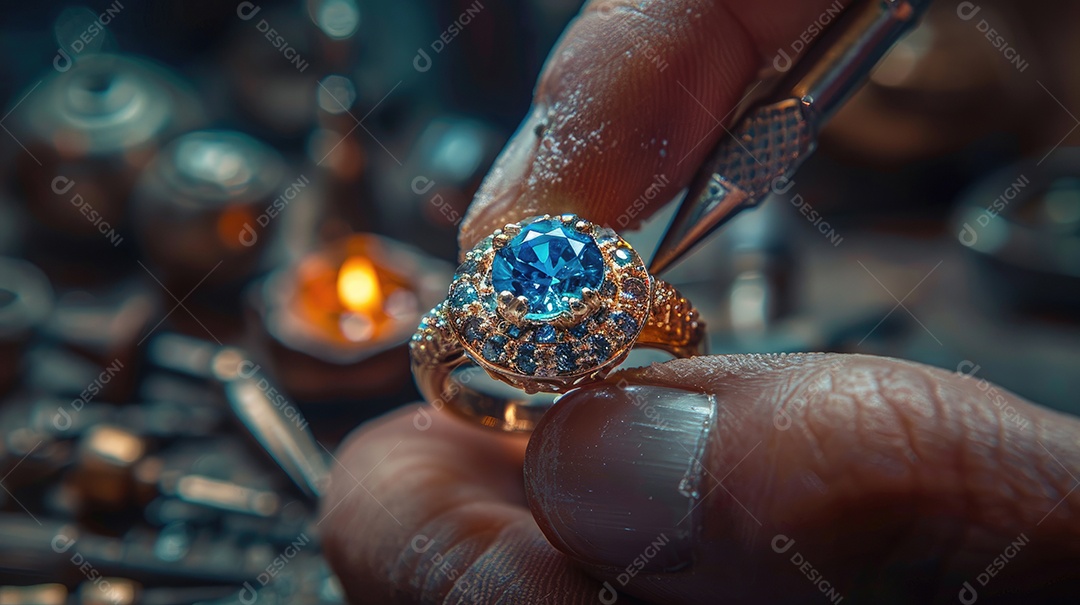 Um close de um joalheiro colocando pedras preciosas em um anel personalizado