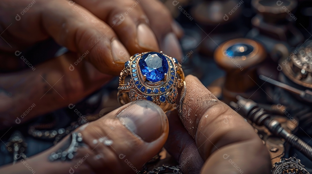 Um close de um joalheiro colocando pedras preciosas em um anel personalizado