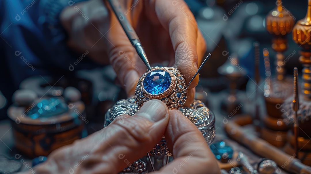 Um close de um joalheiro colocando pedras preciosas em um anel personalizado