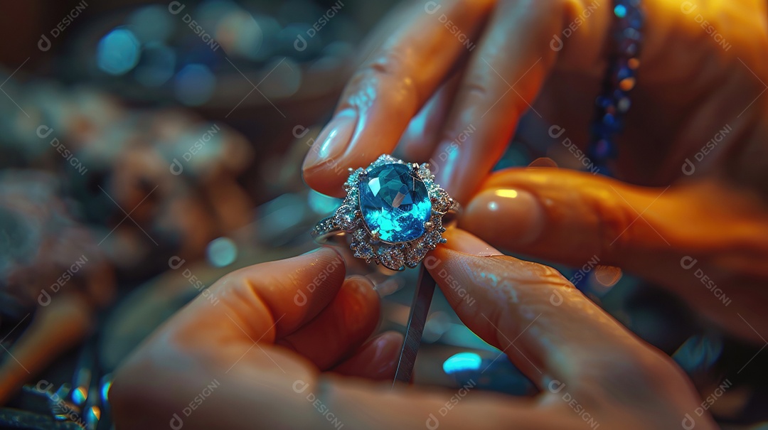 Um close de um joalheiro colocando pedras preciosas em um anel personalizado