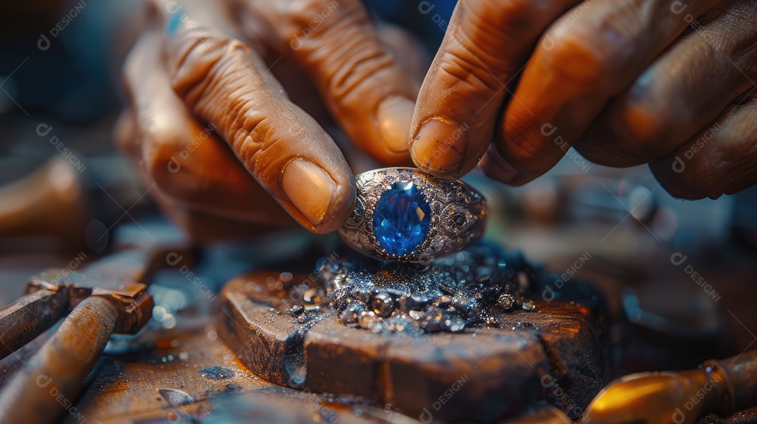 Um close de um joalheiro colocando pedras preciosas em um anel personalizado
