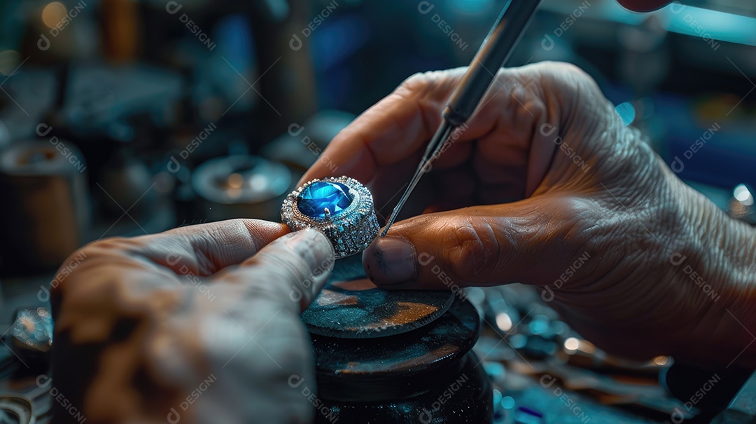 Um close de um joalheiro colocando pedras preciosas em um anel personalizado