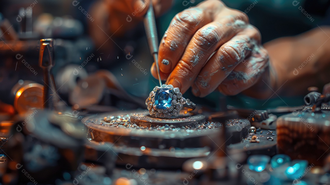 Um close de um joalheiro colocando pedras preciosas em um anel personalizado