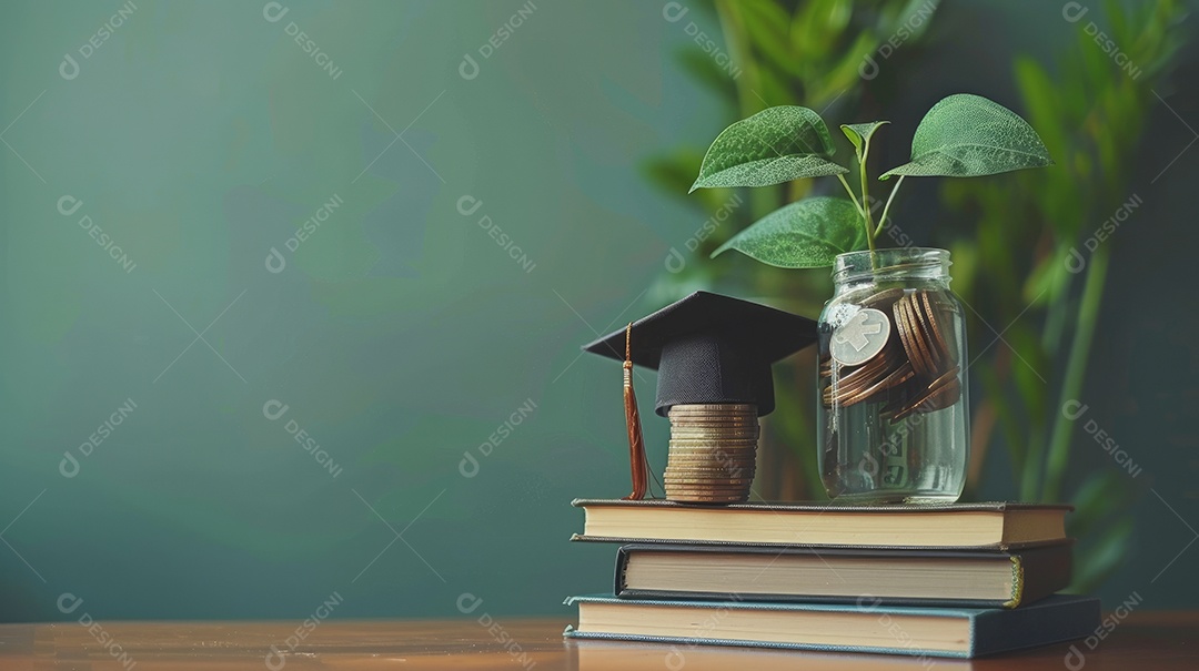 Pilha de livros sobre fundo pastel com chapéu de formatura no topo