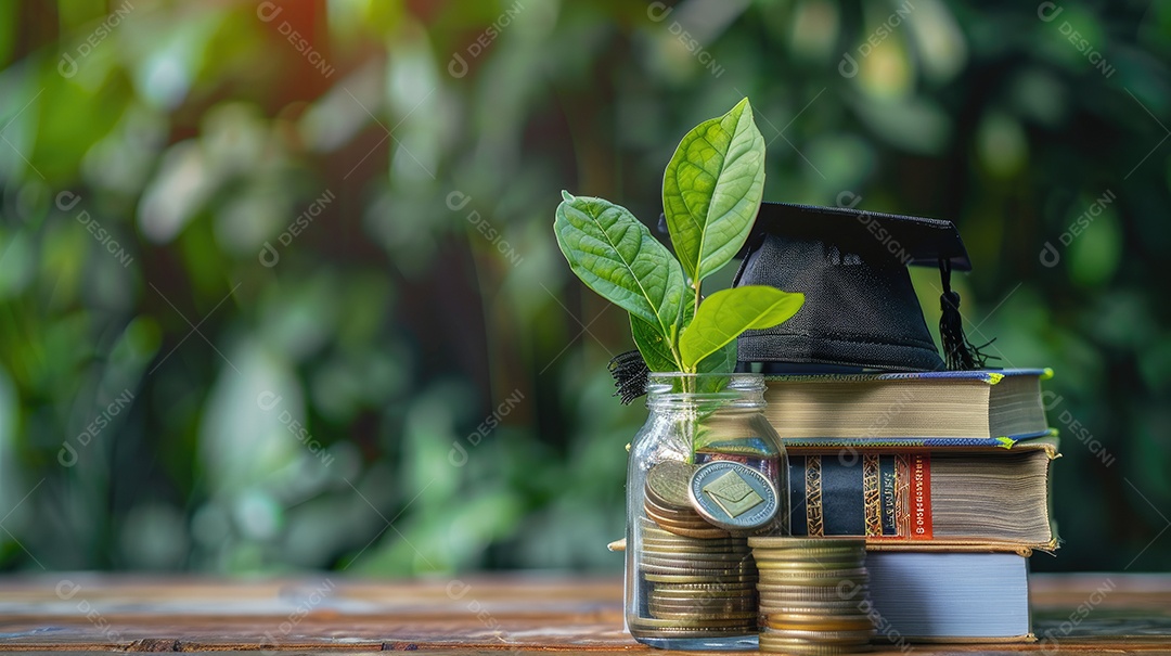 Pilha de livros sobre fundo pastel com chapéu de formatura no topo