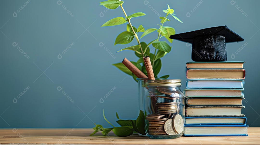 Pilha de livros sobre fundo pastel com chapéu de formatura no topo