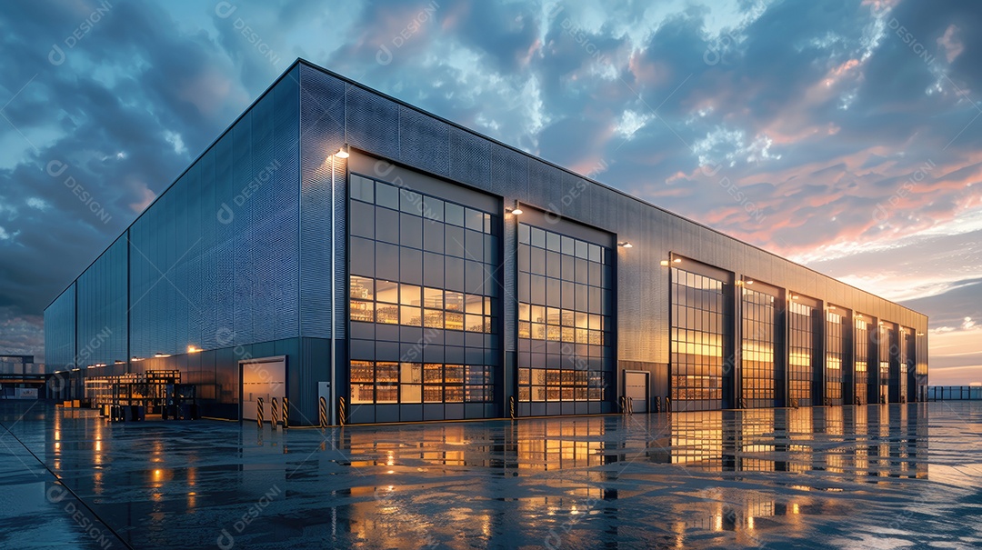 Um armazém moderno preto com fachada de vidro na hora azul