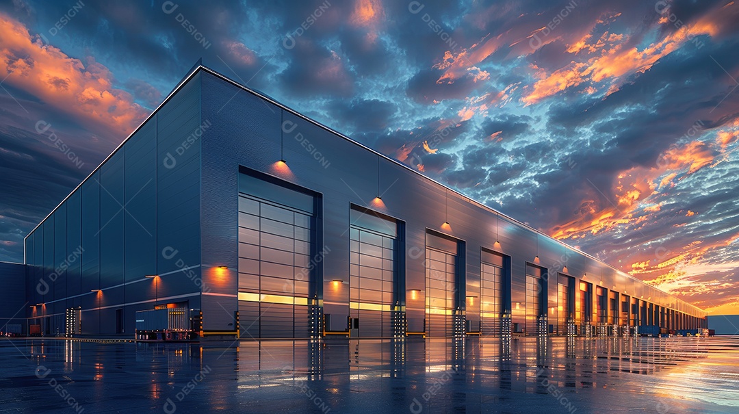 Um armazém moderno preto com fachada de vidro na hora azul